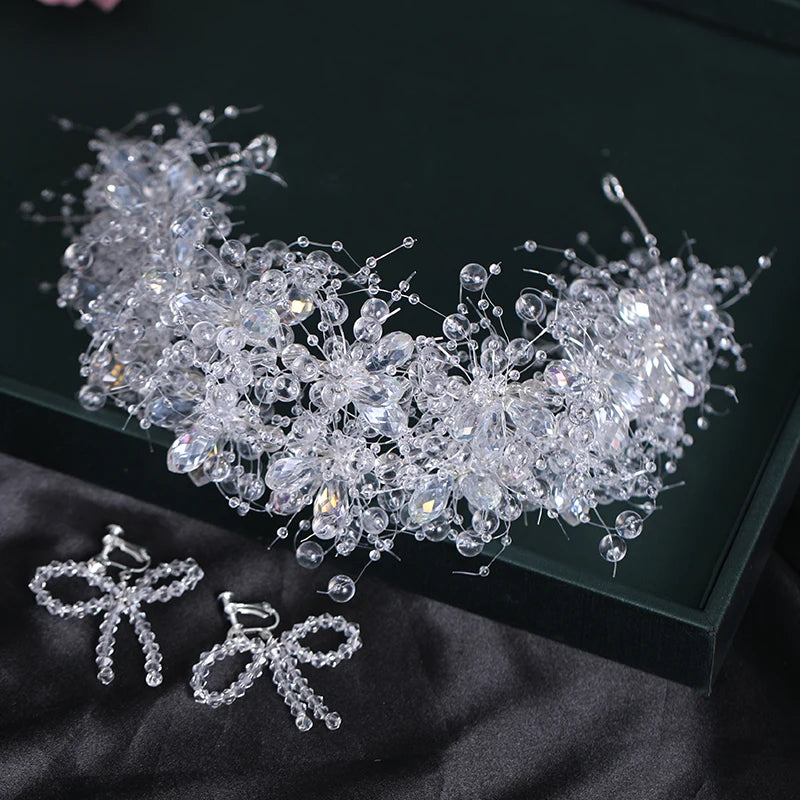 Bridal Headband Tiara Set with Earrings Clear Crystal Newest Arrived White Rhinestone Crowns Pageant Crowns Fashionable