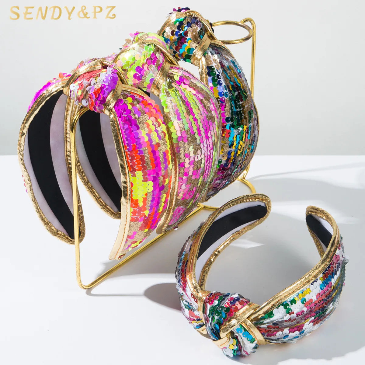 New European American Style rainbow Sequin Wide Edge Knotted Headband Fabric Shiny Dance Party Headbands for Women