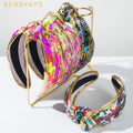 New European American Style rainbow Sequin Wide Edge Knotted Headband Fabric Shiny Dance Party Headbands for Women