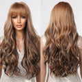 Wigs Wholesale Brown Highlights Long Wave Synthetic Wigs with Bangs Wavy Hairs Wig for Black Women Daily Heat Resistant Fiber