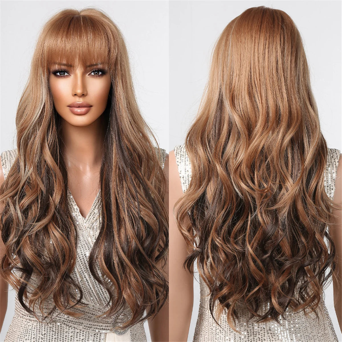 Wigs Wholesale Brown Highlights Long Wave Synthetic Wigs with Bangs Wavy Hairs Wig for Black Women Daily Heat Resistant Fiber
