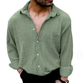 Men Autumn Long Sleeve Button Solid Color Cotton Linen Dress Shirts Turn-down Collar Casual Shirt Single Breasted