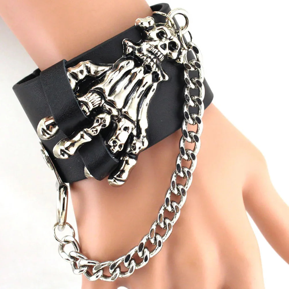 Wholesale Punk Adjustable Woman Man Unique Chain Skeleton Hand Leather Bracelet