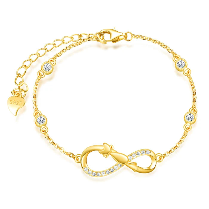Solid 925 Silver Cat on Infinity Earrings Bracelet Necklace Gold Plated