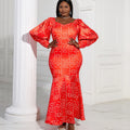 Print Lantern Sleeve Party Square Collar Trumpet Plus Size Women Dresses