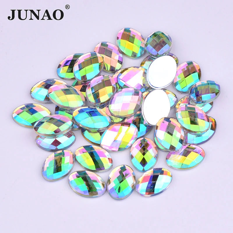 JUNAO 10*14mm Oval Colorful Stones Glue on Nail Art Rhinestones Acrylic Flatback Rhinestones