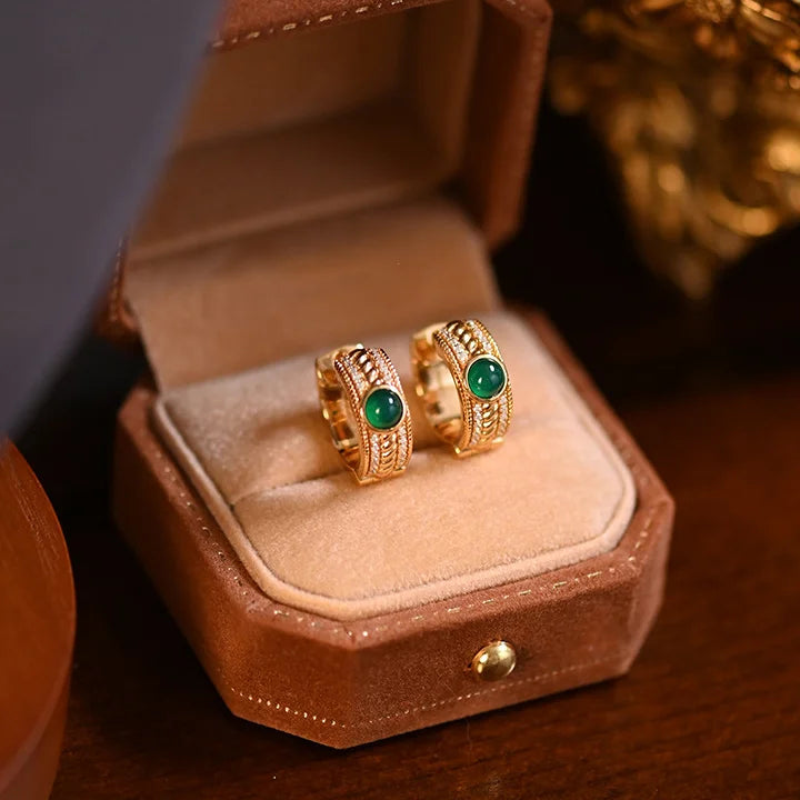 Vintage Luxury 18K Gold Plated Pure 925 Sterling Silver Green Gemstone Onyx Emerald Hoop Earrings for Women Jewelry
