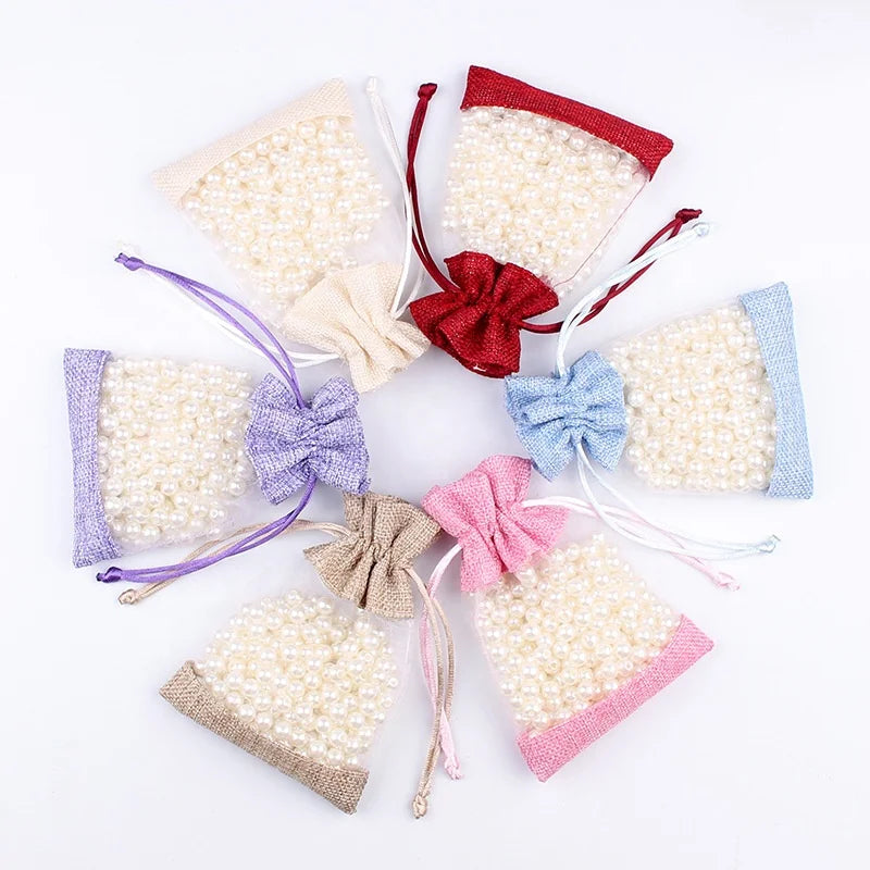 Creative Organza Stitching Burlap Drawstring Bag Multi Color Jewelry Gift Storage Burlap Bags in Stock