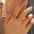 European American Fashion Stainless Steel 18K Gold Plated Enamel White Black Eye Hamasa Hand Evil Eye  Ring