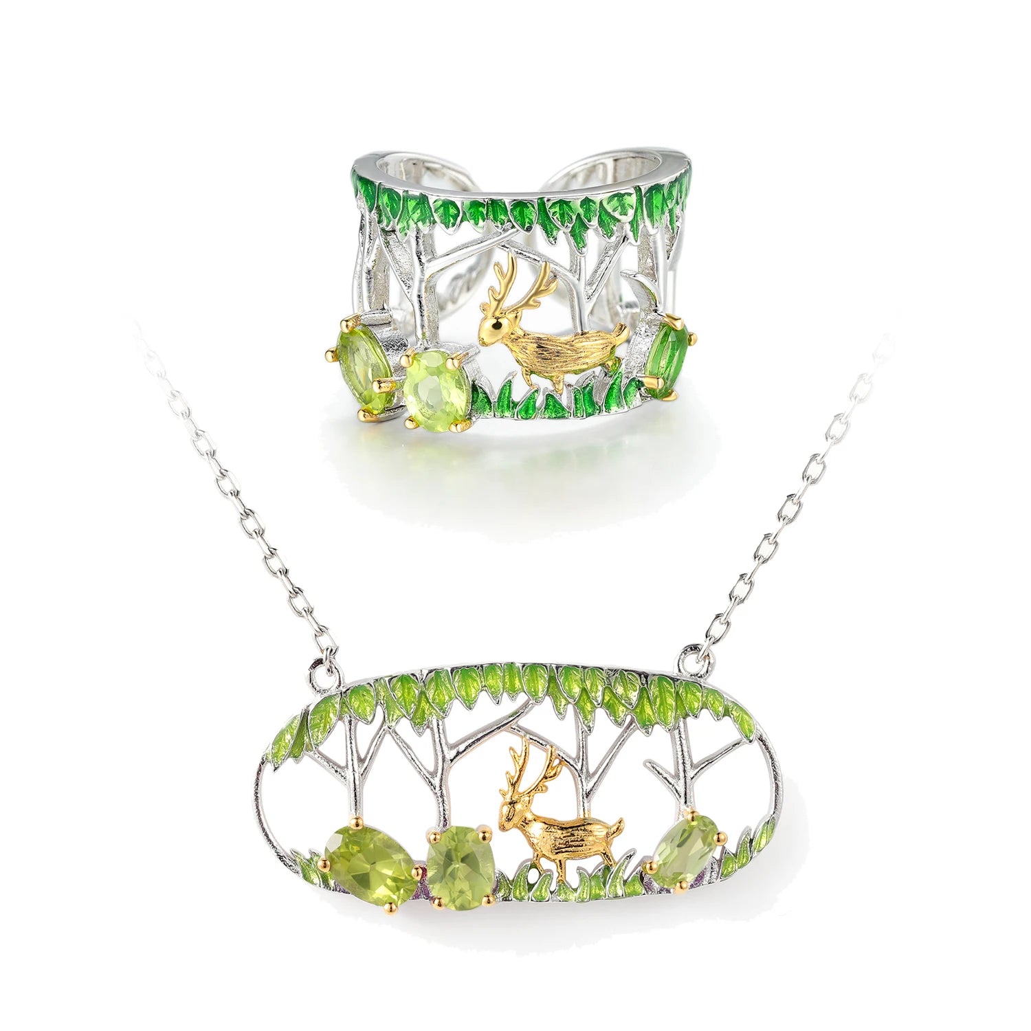 C8186 Abiding Fine Jewelry Cheap Oval Cut 4X6mm Natural Peridot Deer Womens Ring 925 Sterling Silver Jewelry Set
