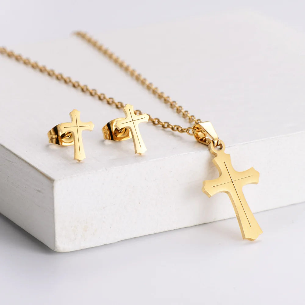 18K Gold Plated Stainless Steel Cross Necklace and Earring Wedding Jewelry Sets for Parties Engagements Anniversaries