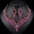 Women's Purple Necklace Set Austrian Crystal Teardrop Camellia Necklace Earrings Set for Bridal Jewelry Set