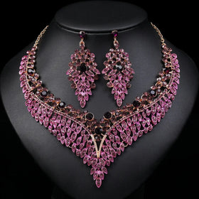 Women's Purple Necklace Set Austrian Crystal Teardrop Camellia Necklace Earrings Set for Bridal Jewelry Set