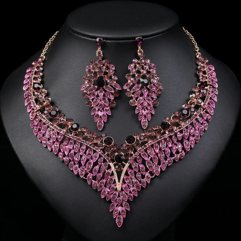 Women's Purple Necklace Set Austrian Crystal Teardrop Camellia Necklace Earrings Set for Bridal Jewelry Set