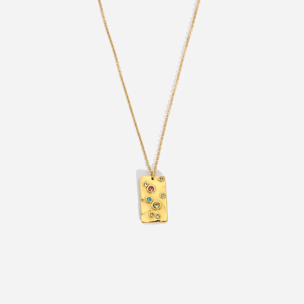 Vintage 18K Gold Plated Stainless Steel Colorful Zircon Hammer Square Pendant Necklace for Women Tarnish Free