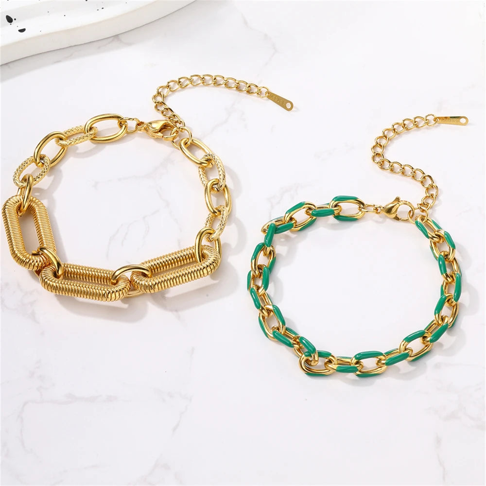 Punk Colorful Resin Decorated Chunky Stainless Steel Link Wrist Chain Adjustable Women's Hypoallergenic Real Gold Chain Bracelet