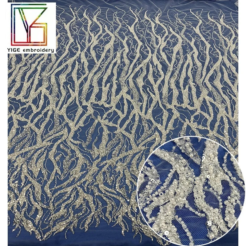 Latest Elegant Sequin Beaded Embroidery Tulle With White Pearls for Women Wedding Dress Lace Fabric