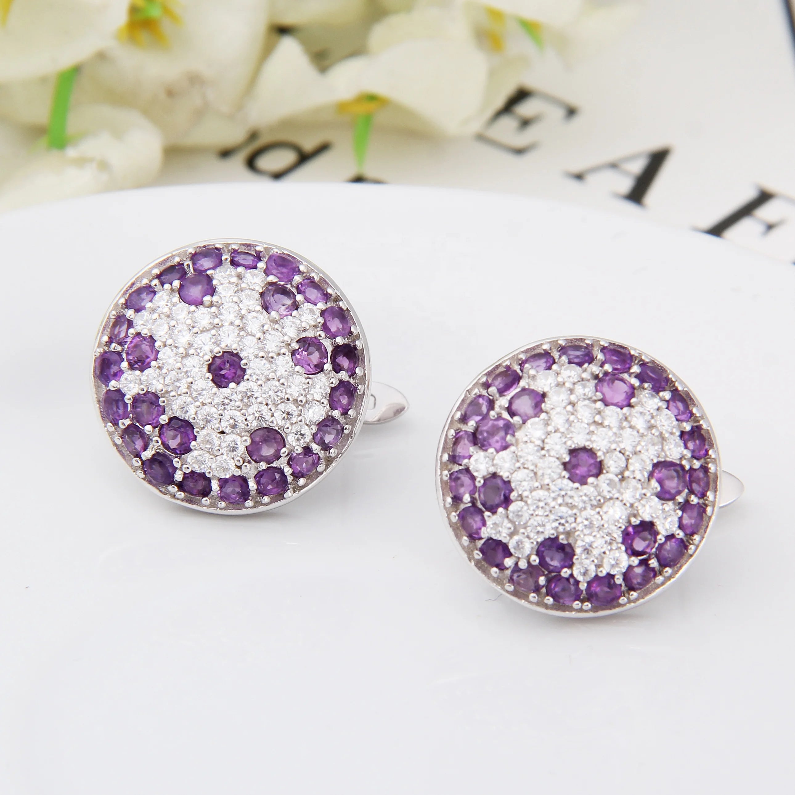 Abiding Natural Amethyst Gemstone Round Halo White Cubic Zircon Elegant Jewelry 925 Sterling Silver Clip on Earrings for Women