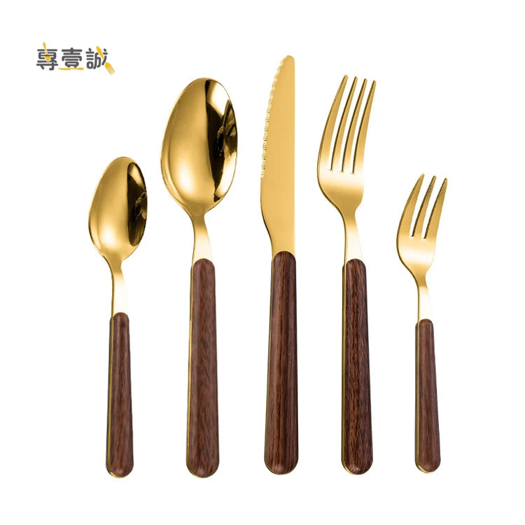 Anti - Wood Handle Plastic Sandwich Stainless Steel Silverware Gold Cutlery Set