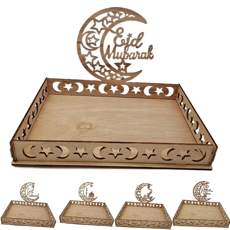 Custom Designed Eid Mubarak Tray Carved Wooden Food Tray for Ramadan Eid & AI Adha Decoration Assembled DIY with Bag Packaging