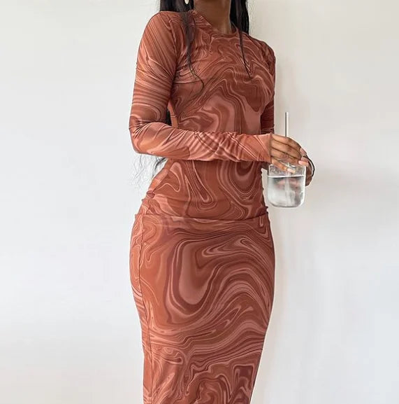 Tight Fitting Mid Length Dress With Round Neck and Long Sleeve Printed Buttock Wrap Dress With a Pullover Dress SML