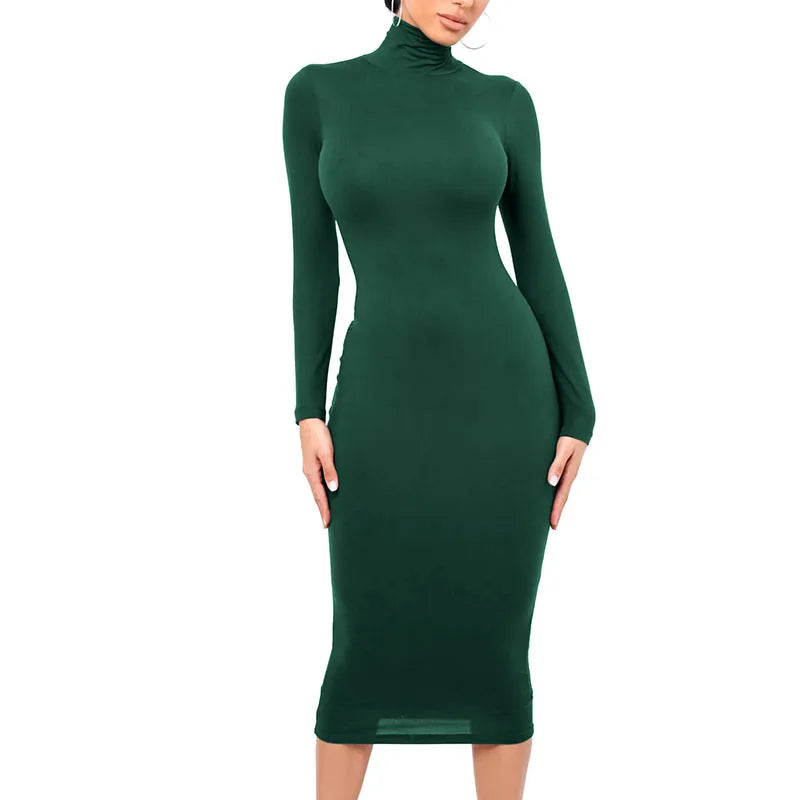 RNSHANGER Sexy Women Long Sleeve Turtleneck Bodycon Dress Autumn Winter Solid Casual Slim Package Hip Thick Fashion Party Dress