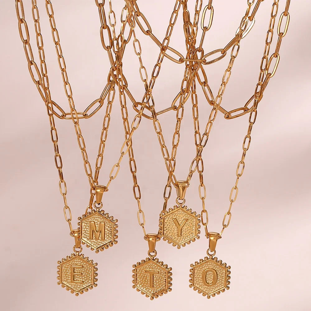 Dreamshow Anti Tarnish Jewelry Double Layer Paper Link Chain Hexagon Initial Necklace Gold Plated Stainless Steel Necklace