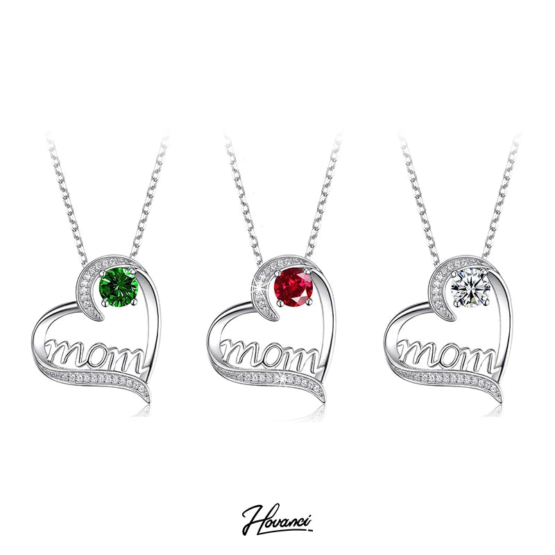 HOVANCI Mother's Day Heart With Cubic Zirconia Crystal Pendant Necklace I Love You Mom Letter Necklace