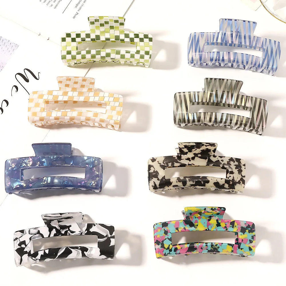 10cm Big Rectangle Square Match Colors Large Checkered Acrylic Acetate Claws Clip Hair Accesori Check Yellow Striped Hair Claw