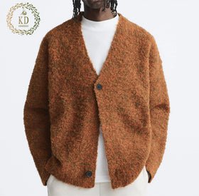 KD Knitwear Manufacturer Custom OEM ODM Streetwear Button V Neck Long Sleeves Brushed Textured Men Cardigan Sweater