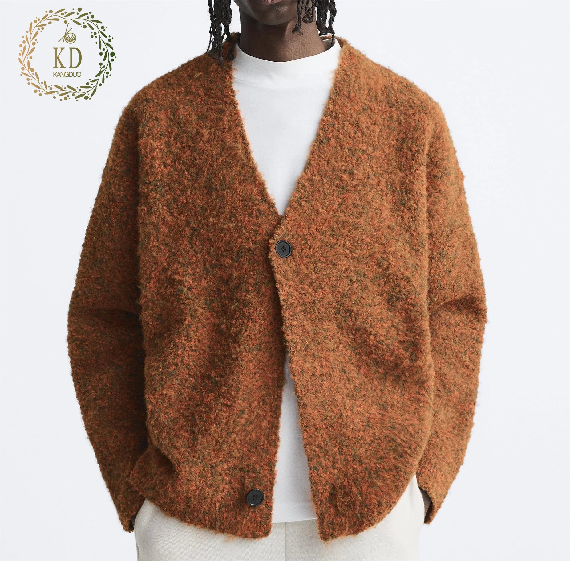 KD Knitwear Manufacturer Custom OEM ODM Streetwear Button V Neck Long Sleeves Brushed Textured Men Cardigan Sweater
