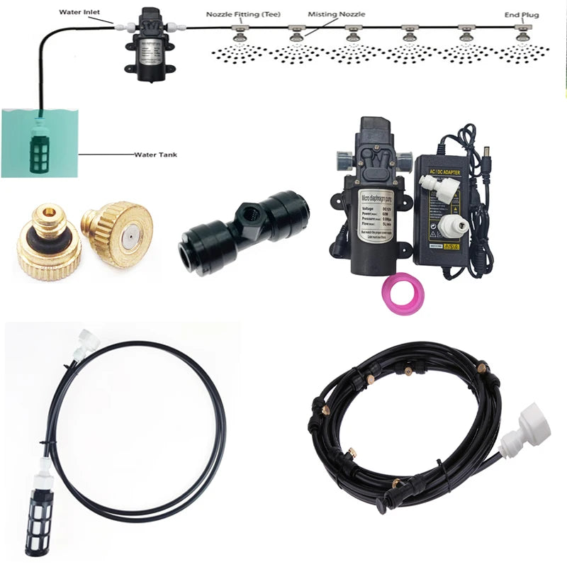 6-18M Micro Pump 12V5A 60W Portable Misting System Fog Machine Water Sprayer Kit for Outdoor Patio Garden Cooling Humidification