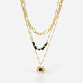 INS Multi-layered Black Stone Charm 18K Gold Plated Stainless Steel Sun Flower Pendants for Necklace