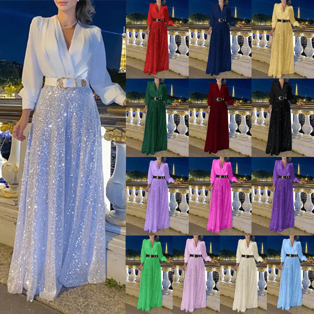 Y9903 High-Quality Wide Leg Jumpsuits Women V-Neck Long Sleeve Shirt High Waist Elegant Sequin Party Jumpsuit for Women