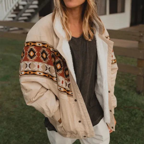 2025 Loose Casual Fit Fleece Vintage Aztec Print Unisex Jackets Women's Winter Coat with Unique Pattern