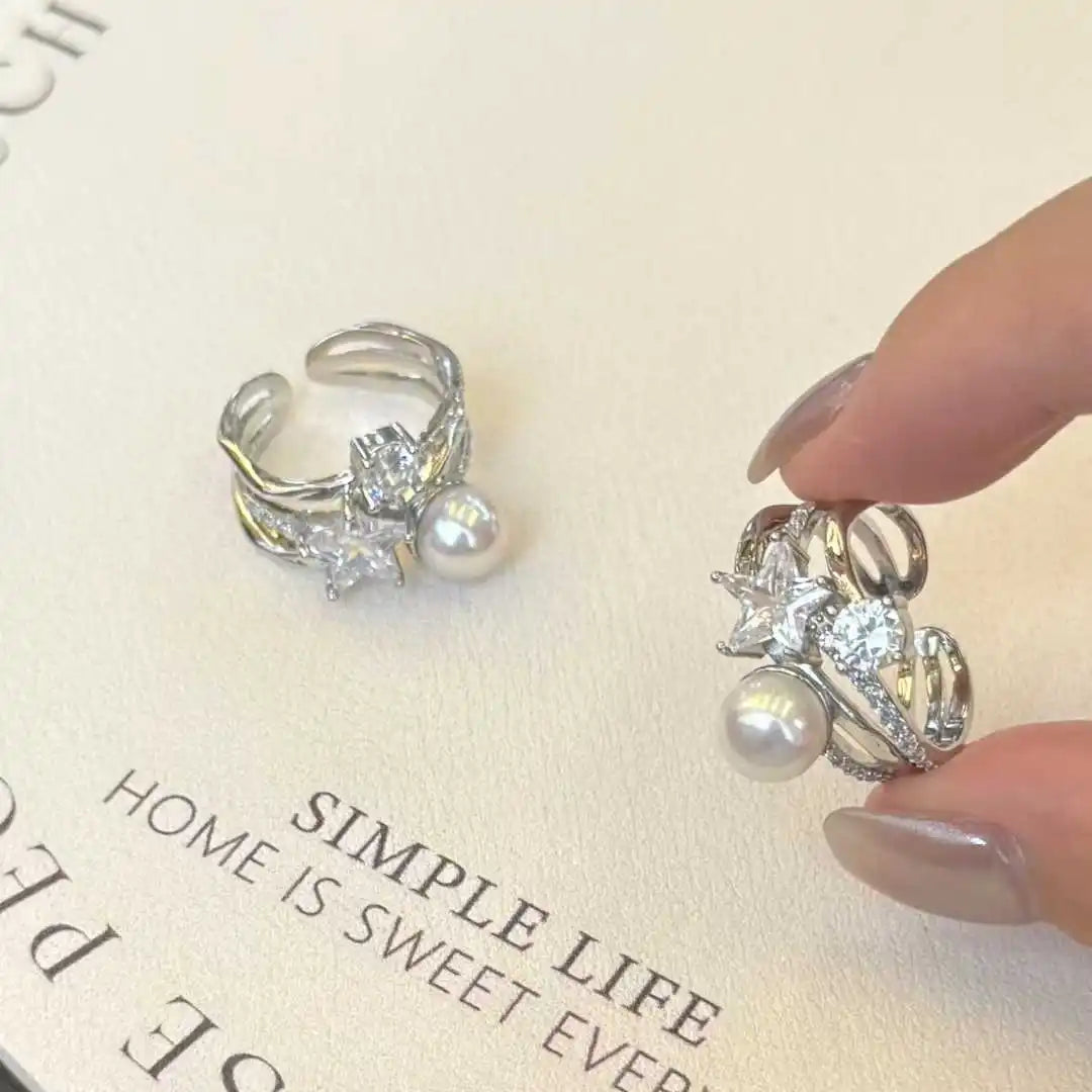 Super Beautiful Design Star Queen Engagement Ring 8-9mm Natural Freshwater Pearl Platinum Plated Women's Trendy Special Offer