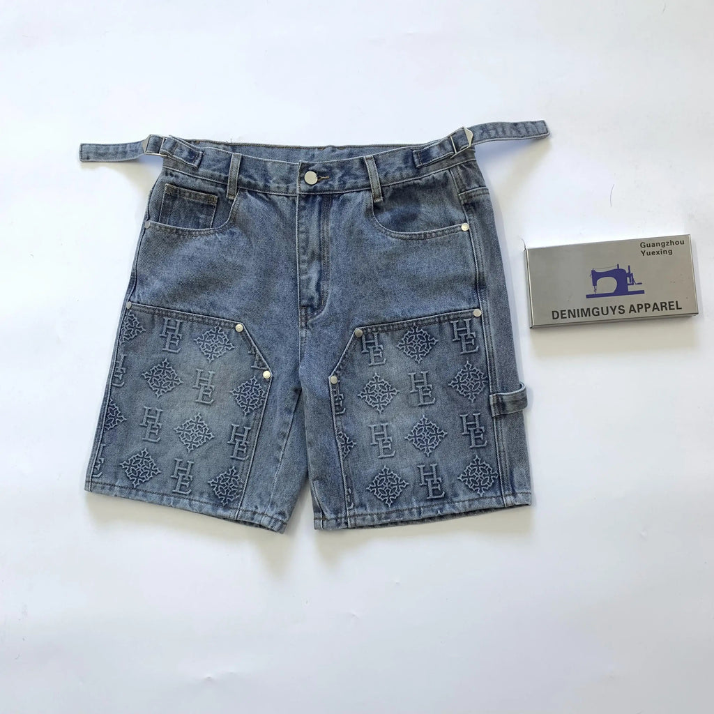 DENIMGUYS Men's Jorts Custom 3d Embossed Y2k Streetwear Summer Double Knee Carpenter Denim Jeans Shorts