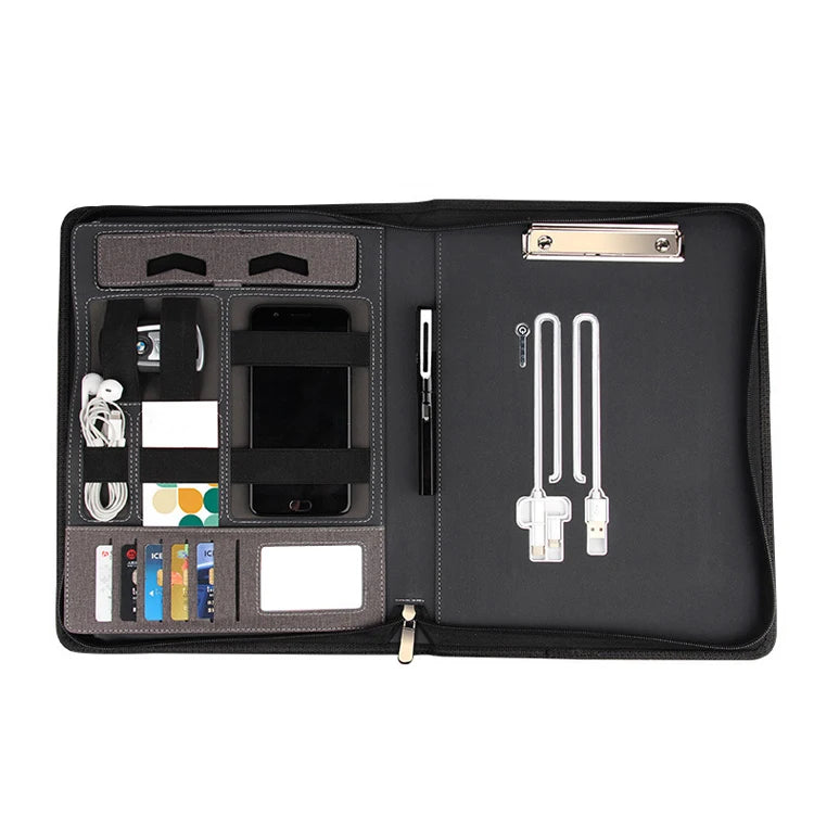 Custom Company Gift Multi-functional Charging Manager Clip Notebook Universal A4 Pu Leather File Folder Padfolio With Power Bank