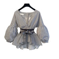 Women Lantern Sleeve Blouse Shirt Bow V-neck Striped Shirt