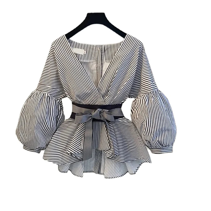 Women Lantern Sleeve Blouse Shirt Bow V-neck Striped Shirt