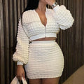 S-XL New Fashion Casual Slim Fit Bubble Grid Zipper Top Wrap Hip Skirt Set