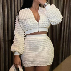 S-XL New Fashion Casual Slim Fit Bubble Grid Zipper Top Wrap Hip Skirt Set