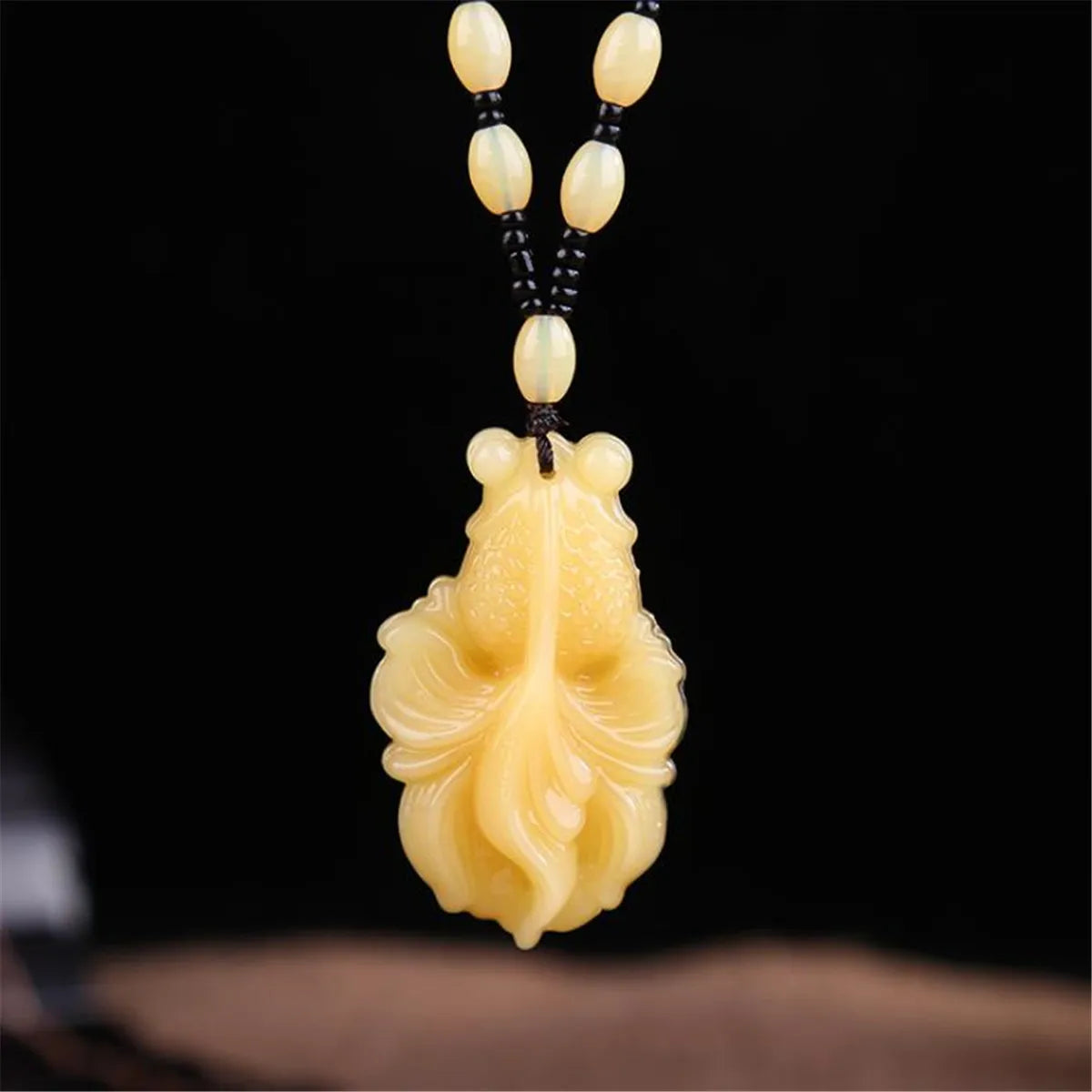 Chinese Luck Feng Shui Carved Yellow Jade Goldfish Lotus Flower Exquisite Pendant Necklace Jewelry Gift