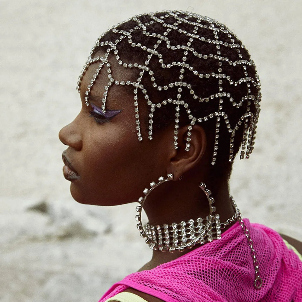Crystal Rhinestone Headpieces Cap Tassel Headwear Mesh Head Chain Wedding Bridal Flapper Headband