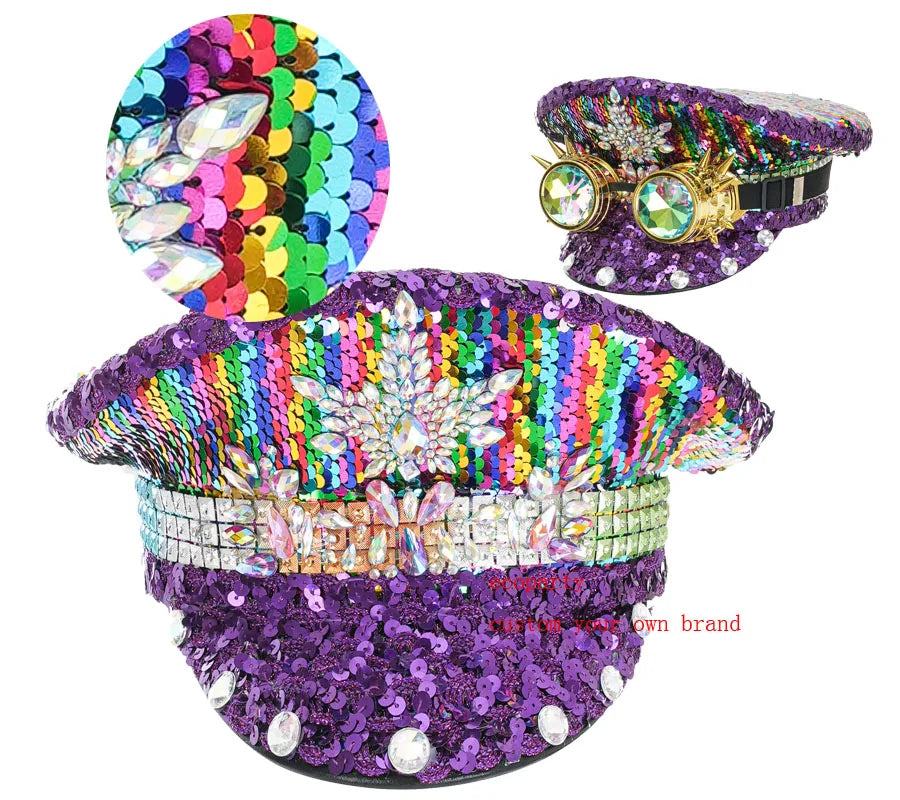 Ecoparty  Women's Burning Man Sequin Hat Mucis Festival Captain Hats Steampunk Caps With Goggles