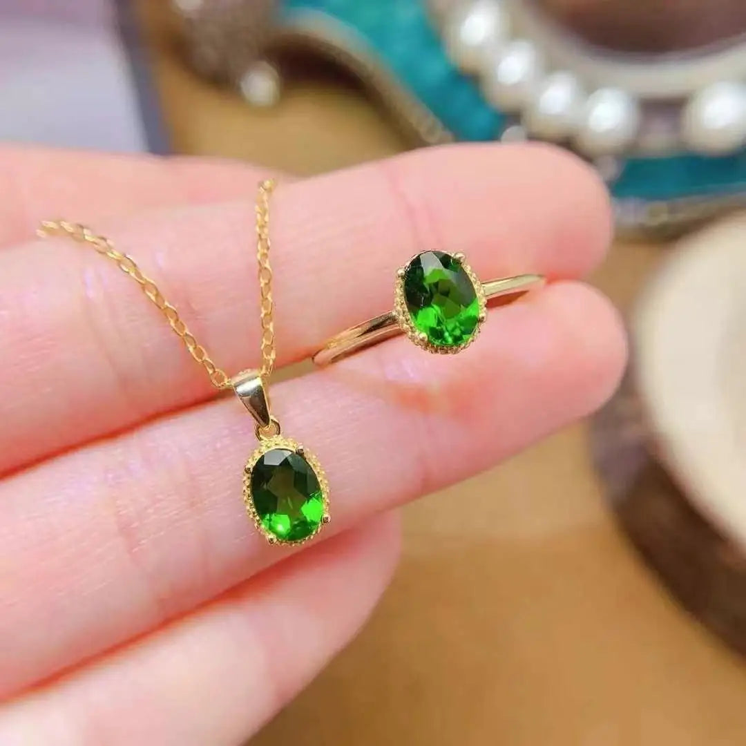 Hot Sale 925 Sterling Silver Natural Diopside New Style 18K Gold Plating Women Fashion Jewelry Set