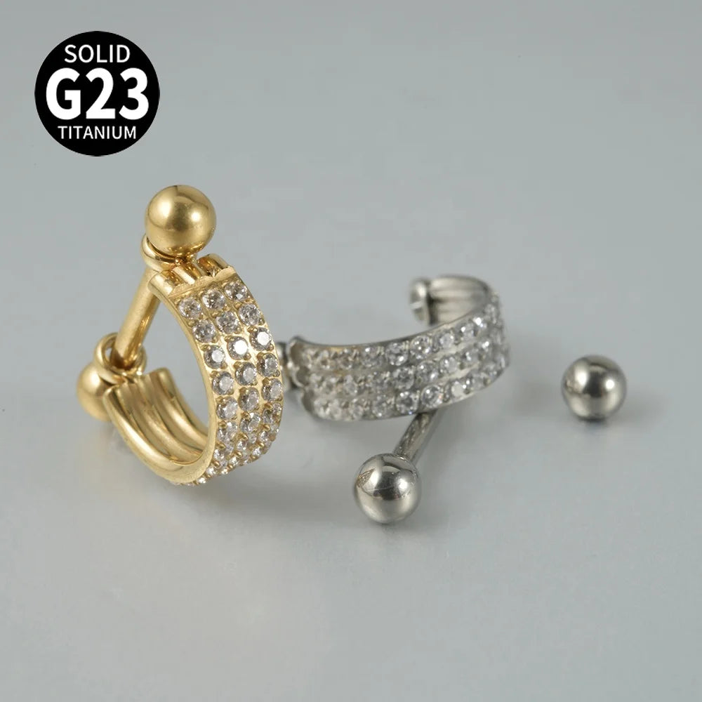 SHUIMEI ASTM F136 Titanium Gold Plated Classic Women's Ear Barbell Three Layer Brilliant Cut Micro Zircon Hoop Daith Earring
