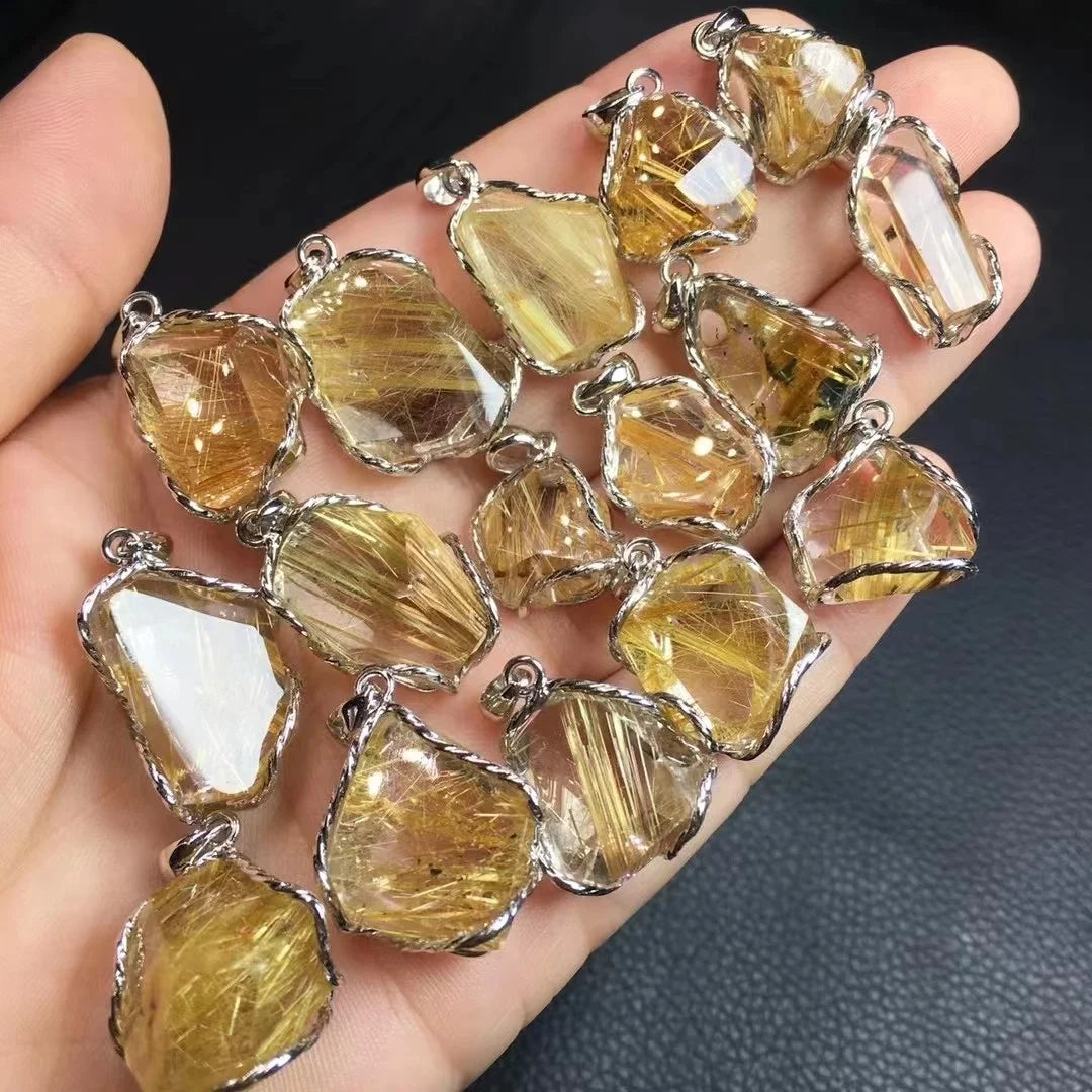 Natural Rutile Crystal 925  Sterling Silver Inlaid Gold Rutilated Quartz Pendant Necklace