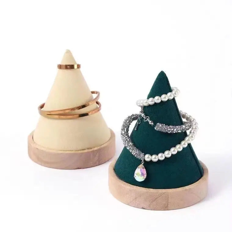 Natural Wood Cone Shape Microfiber Bangle Bracelet Chain Watch Jewelry Stand Holder