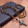 Men Religious Black Obsidian Black Onyx African Turquoise Hematite Tiger Eye Stone Pray Beads Blessing Christian Cross Necklace